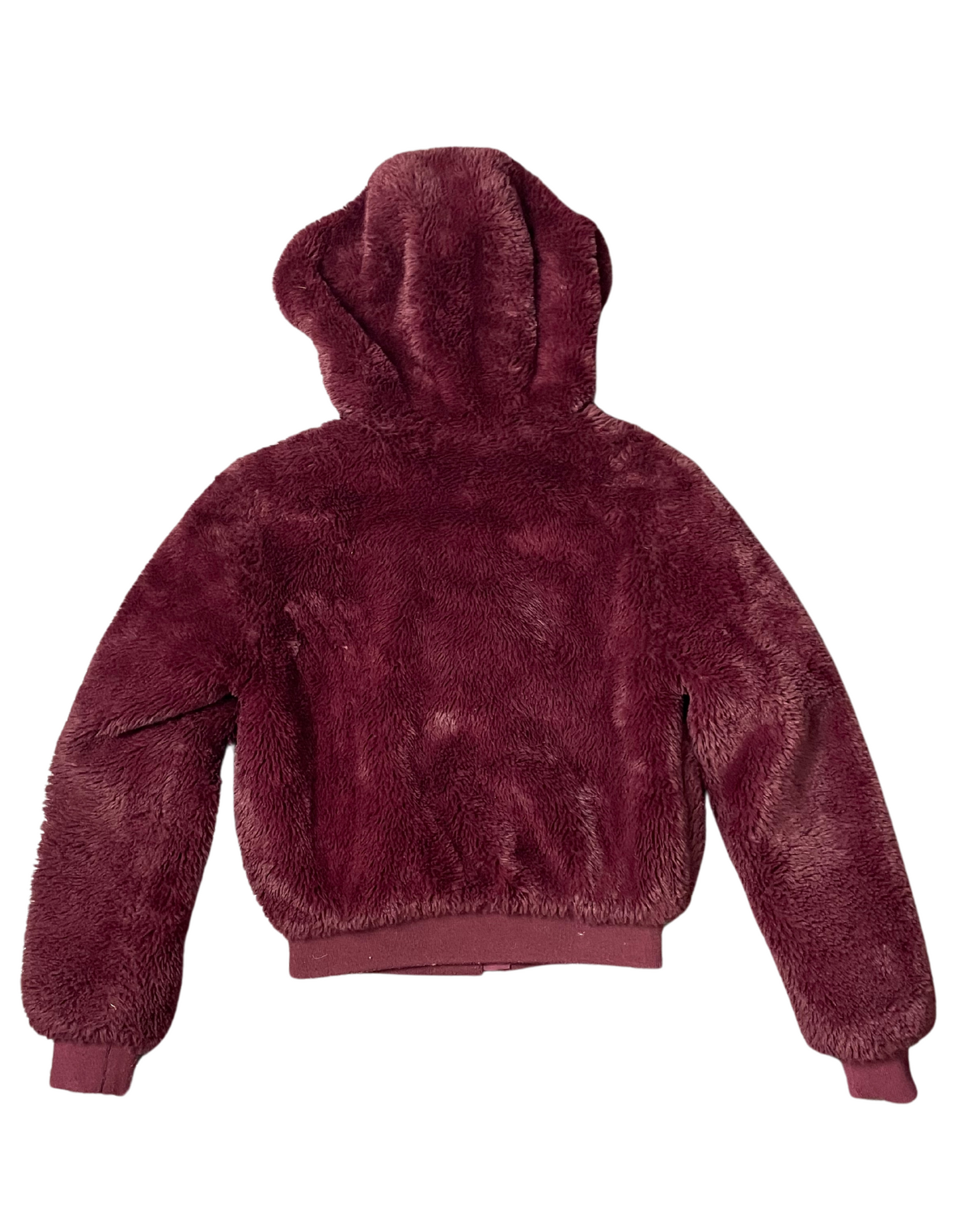 BURGUNDY HOODED FLUFFY COAT XS