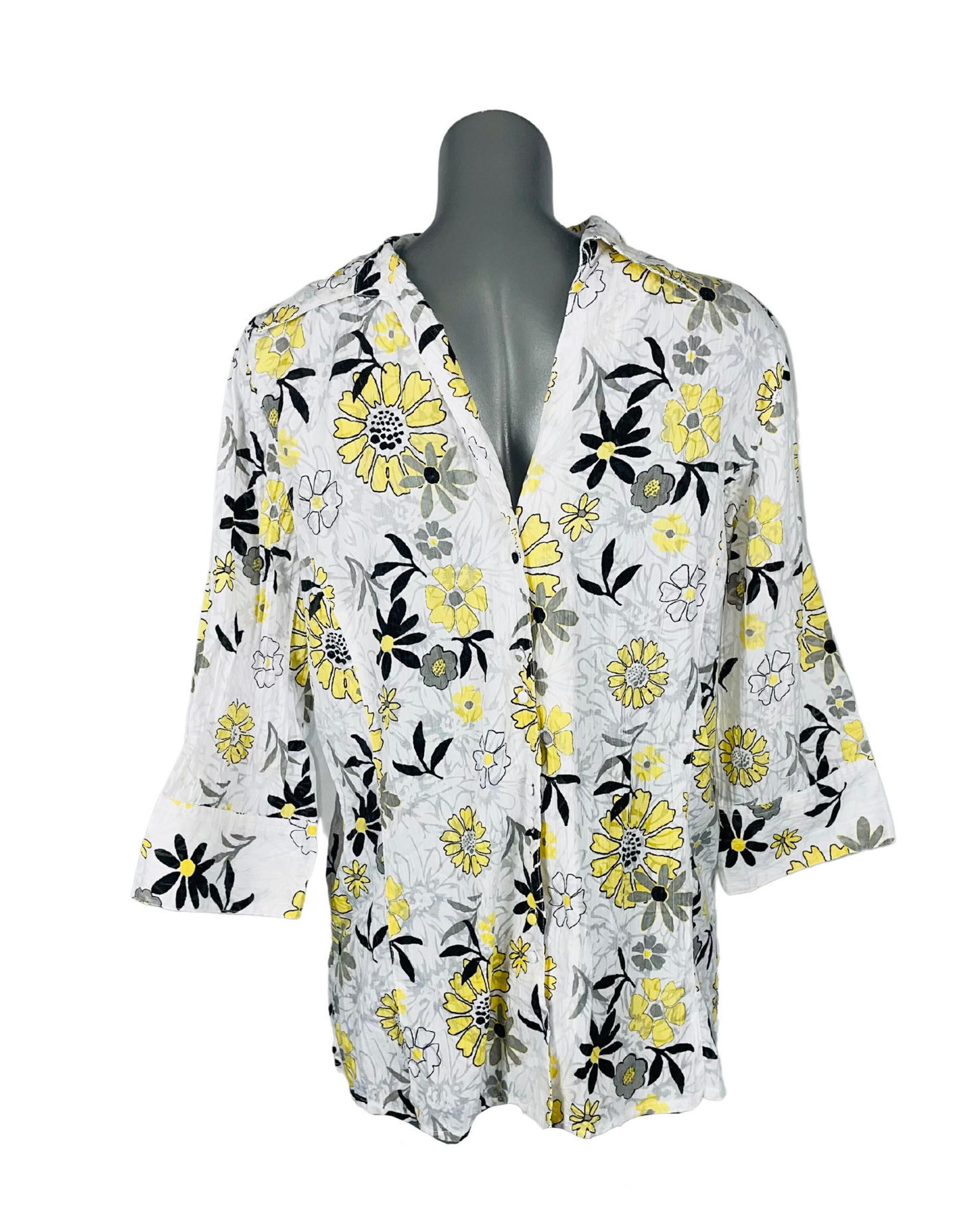 WHITE AND YELLOW FLOWER PATTERN BLOUSE XL
