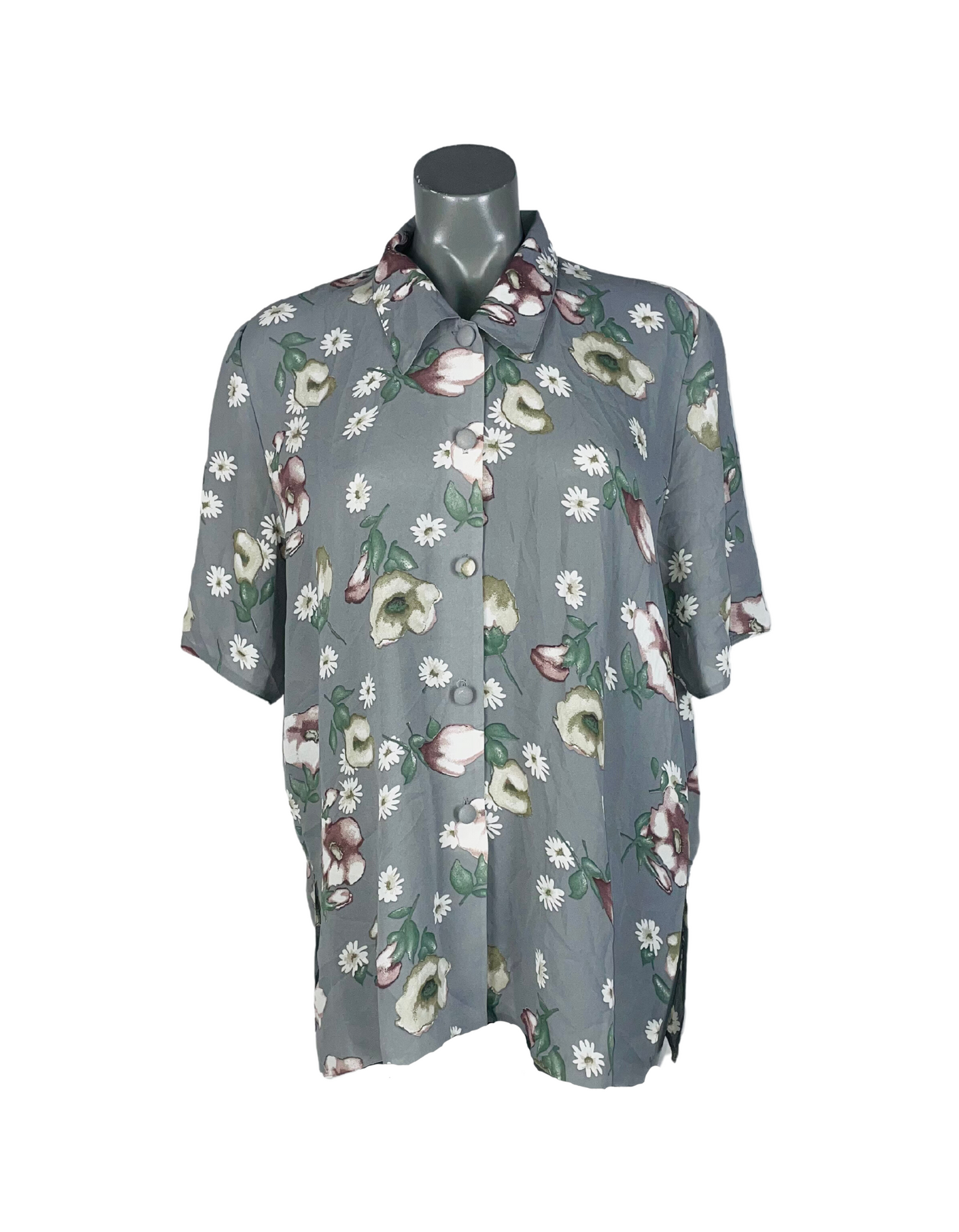 GREY PEACOCK FLOWER PRINT BLOUSE SIZE 16