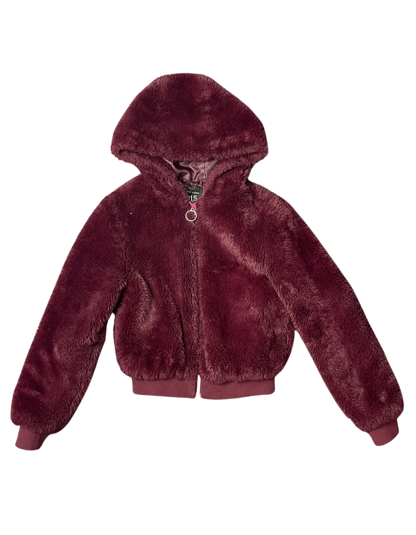 BURGUNDY HOODED FLUFFY COAT XS
