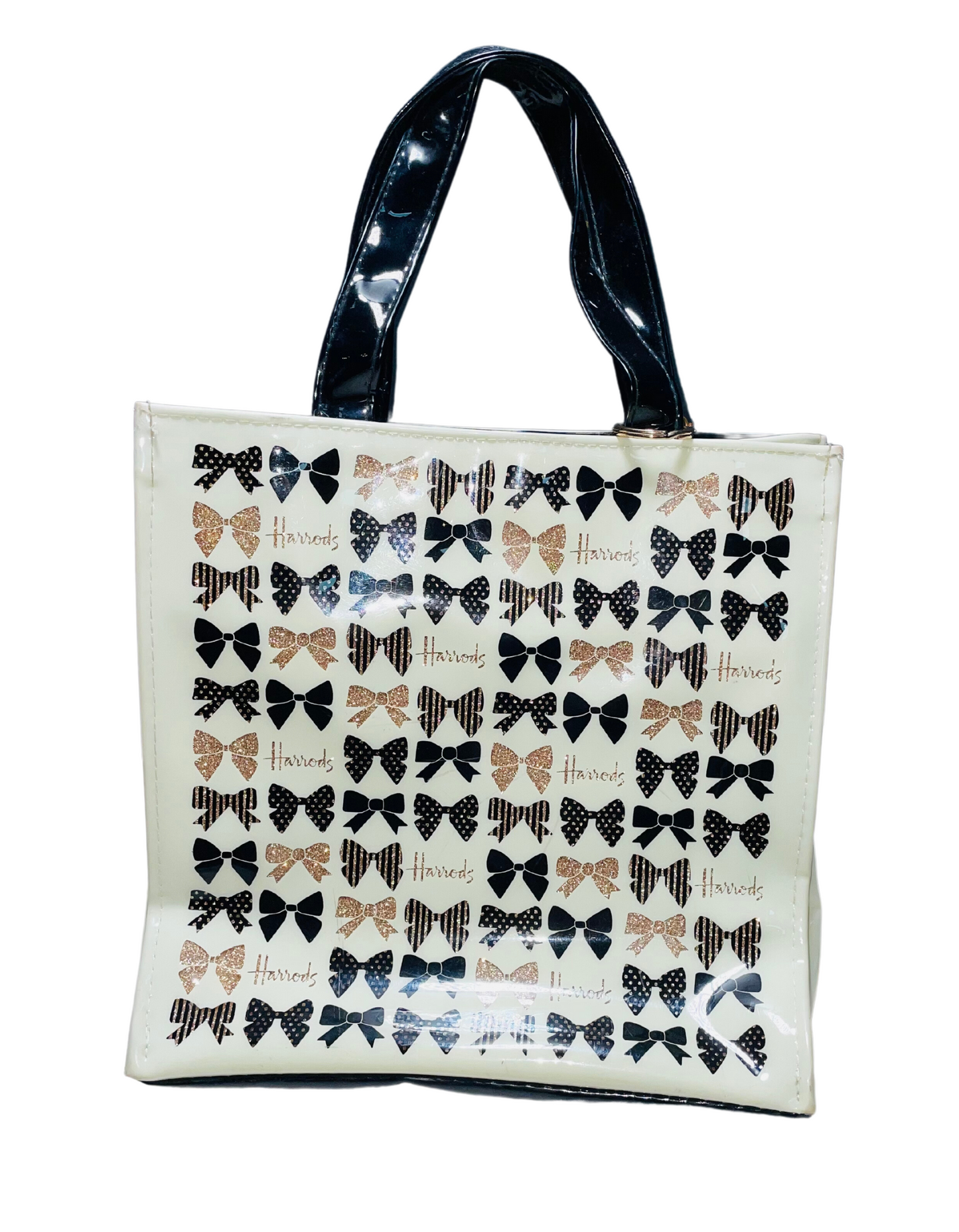 BLACK AND WHITE SHINY MATERIAL HARRODS BAG
