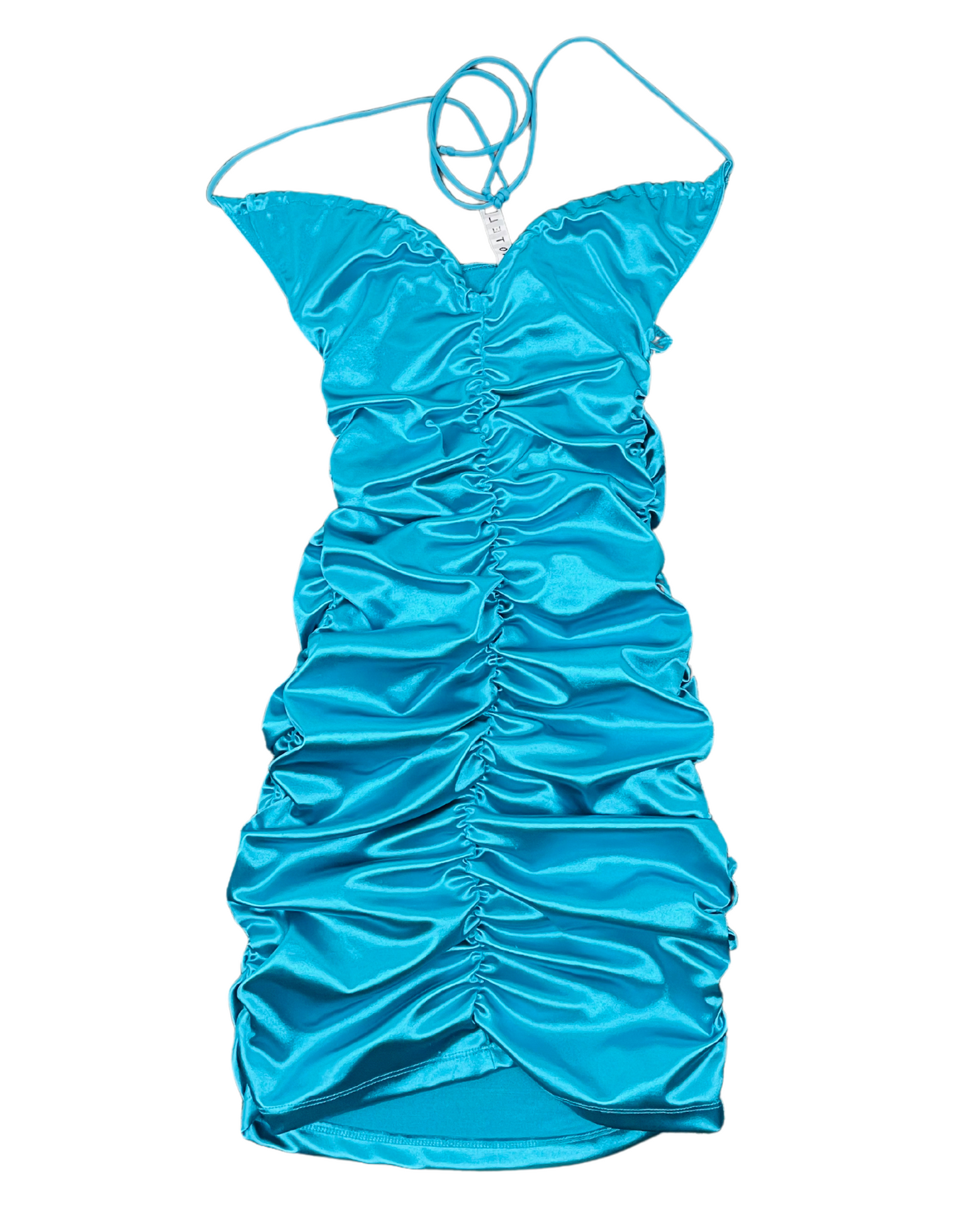 BLUE RUCHED MOTEL HALTER NECK DRESS SMALL