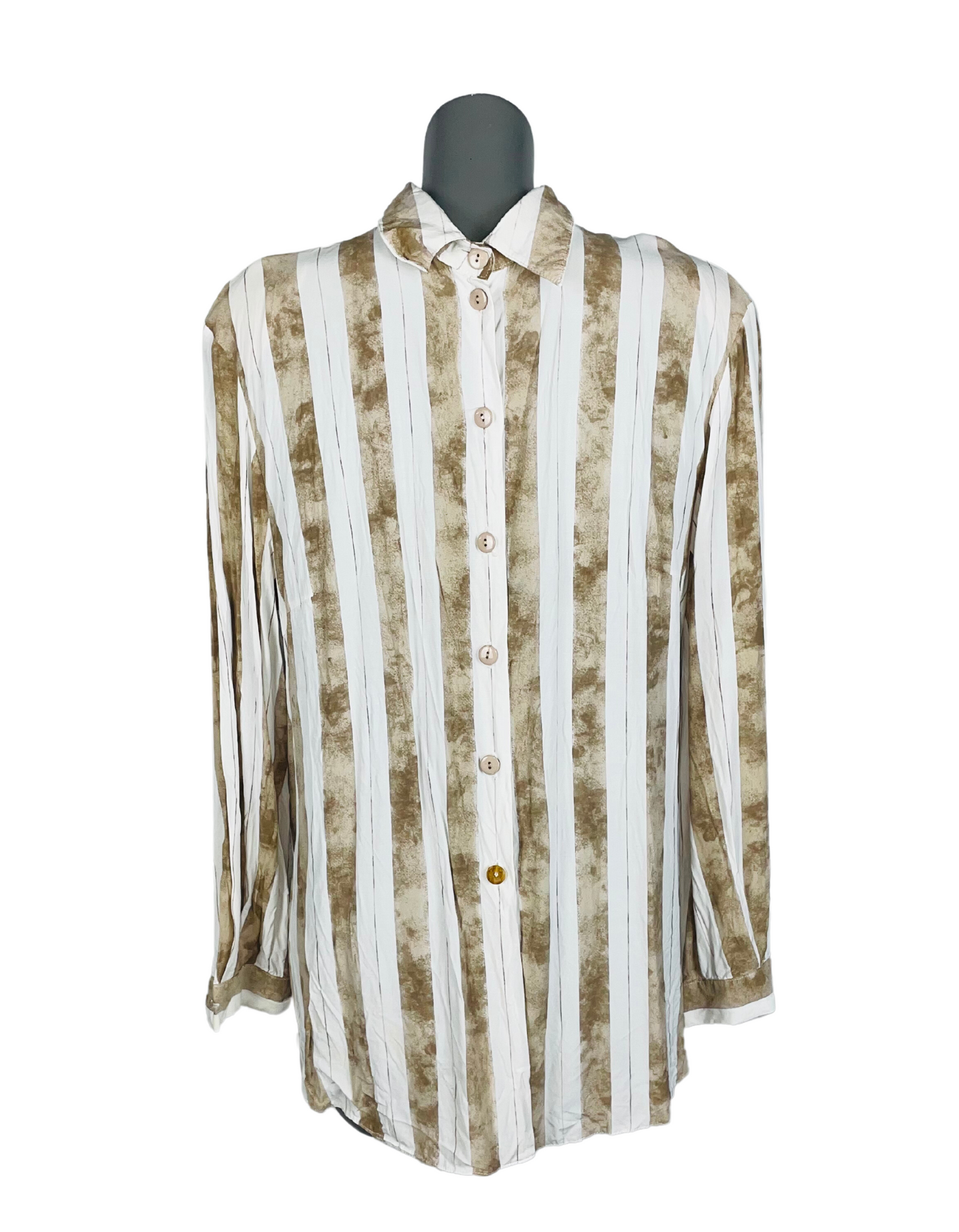 WHITE AND BEIGE STRIPE LONG SLEEVE BLOUSE LARGE