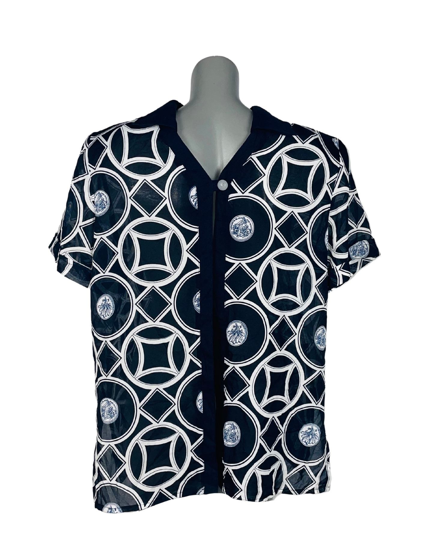 BLUE AND WHITE MESH BLOUSE LARGE