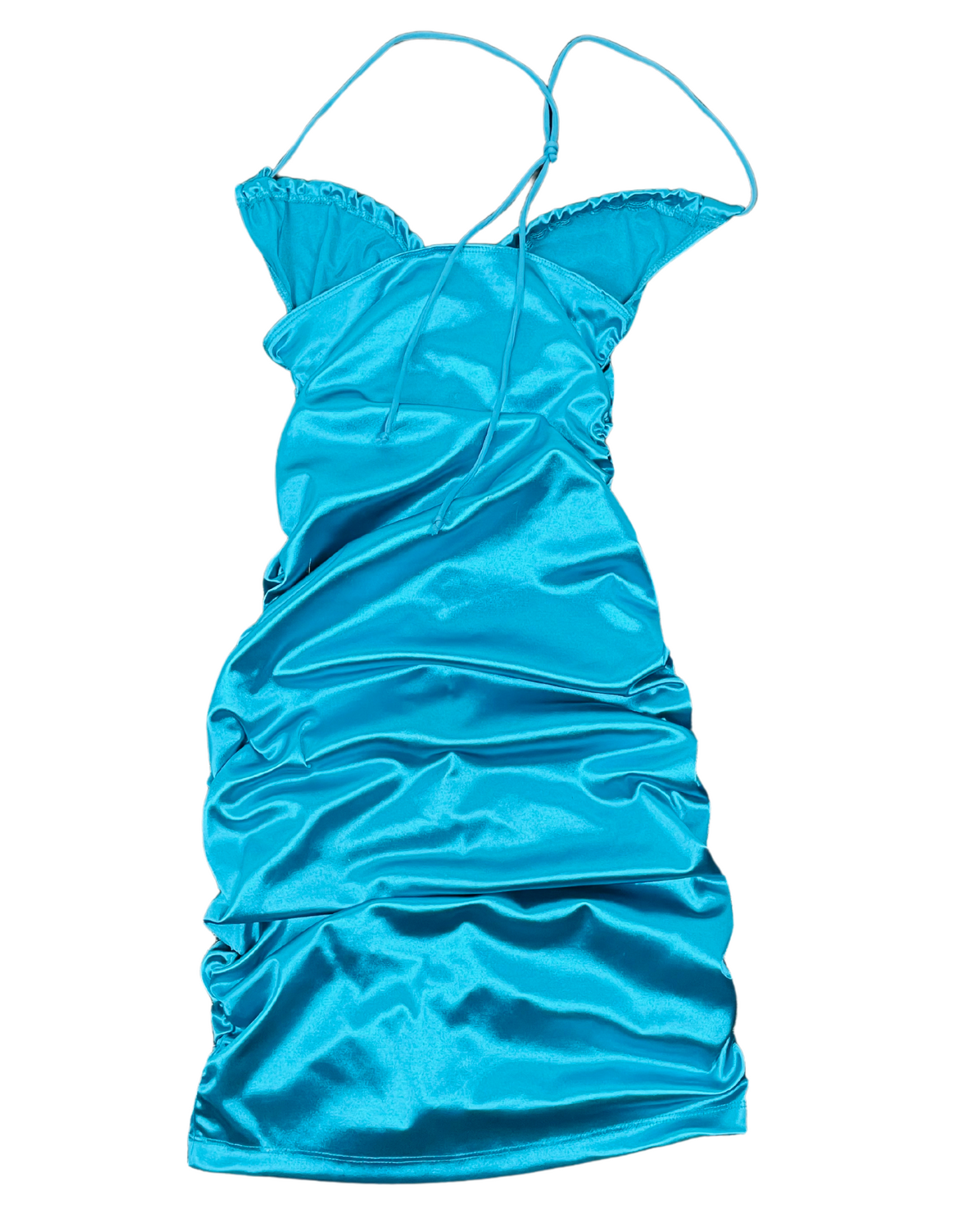 BLUE RUCHED MOTEL HALTER NECK DRESS SMALL