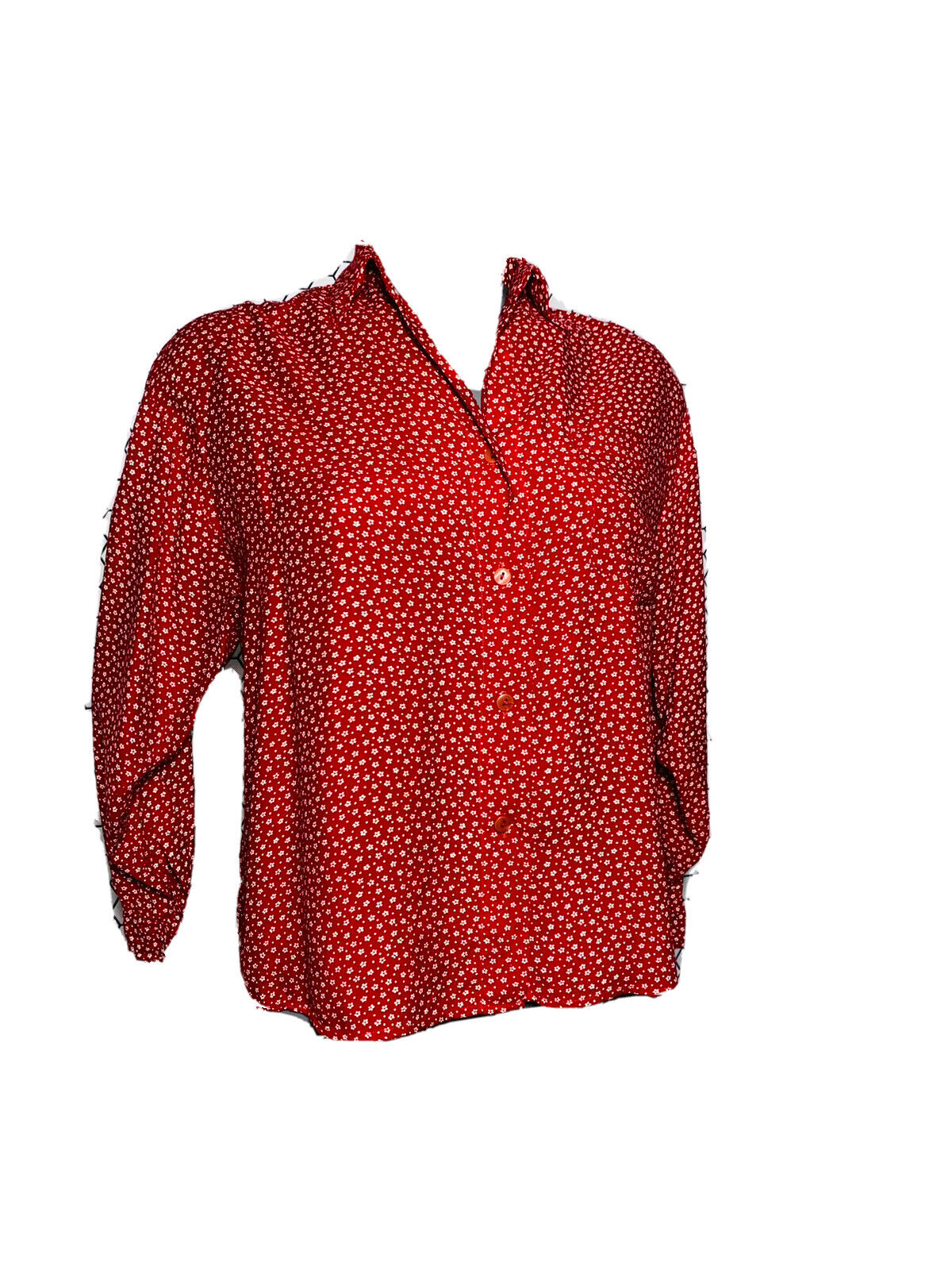 RED FLORAL PATTERN PRINT VINTAGE WOMANS BLOUSE MEDIUM