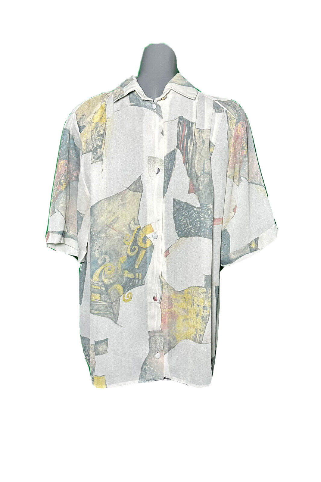 ABSTRACT GRAPHIC PRINT SHEER WHITE VINTAGE BLOUSE SHIRT SIZE 22