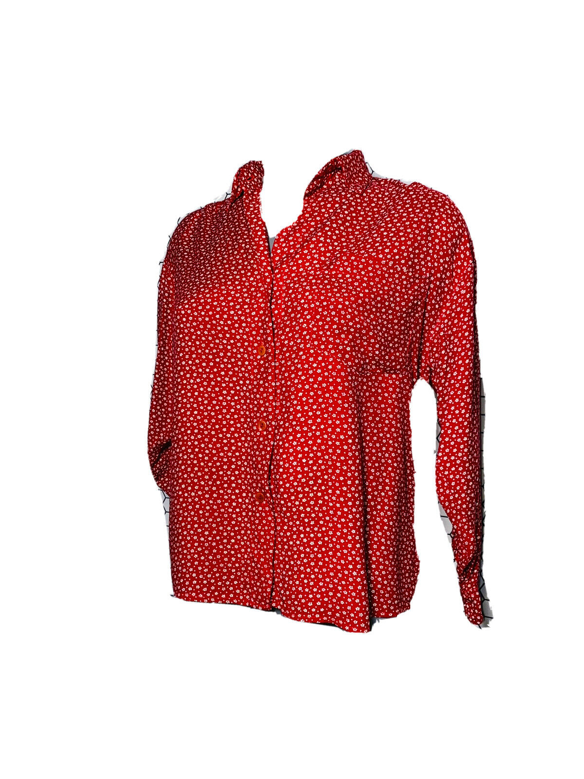 RED FLORAL PATTERN PRINT VINTAGE WOMANS BLOUSE MEDIUM