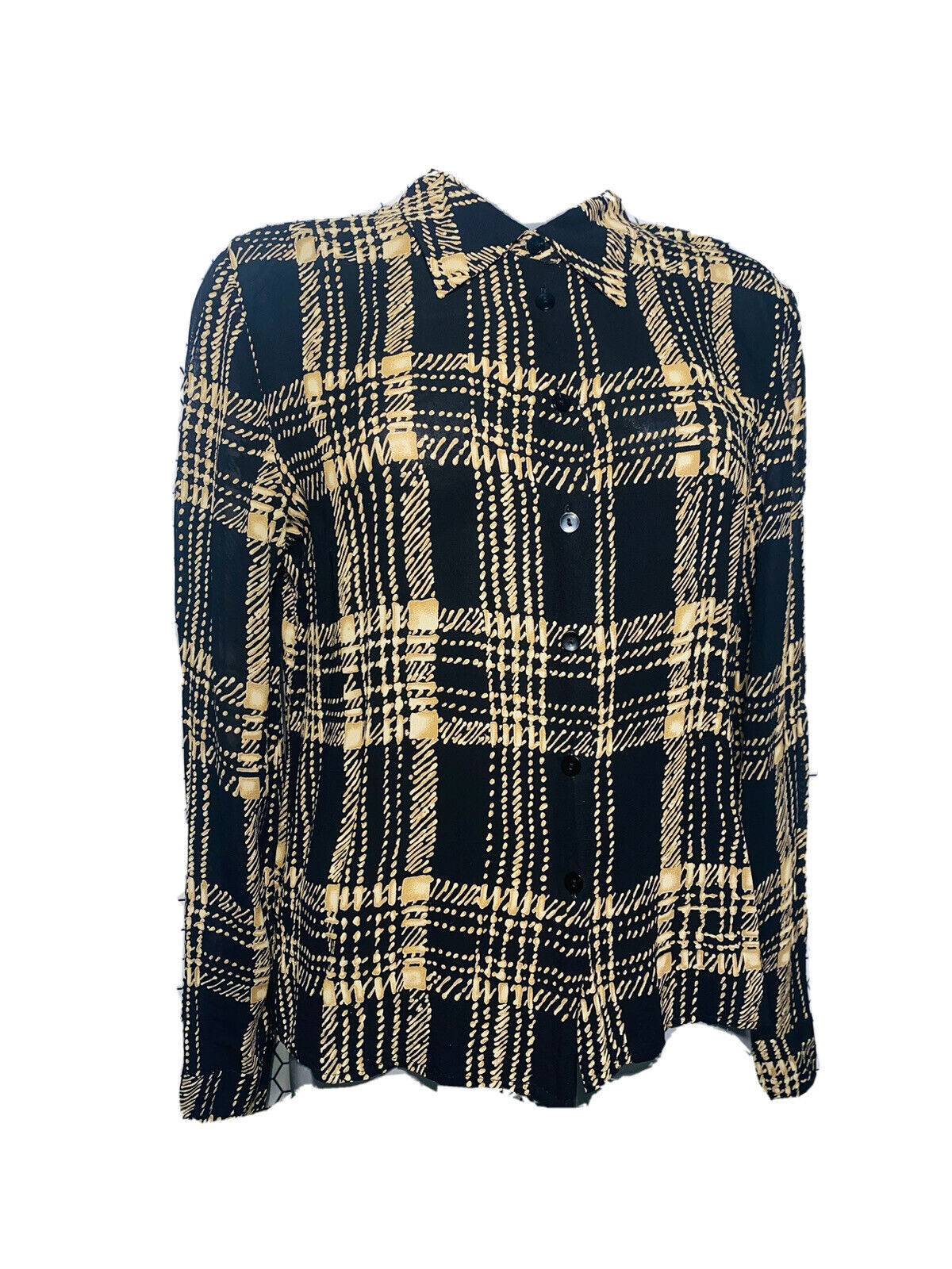 BLACK CHECK SHEER VERSIONS VINTAGE WOMANS BLOUSE MEDIUM