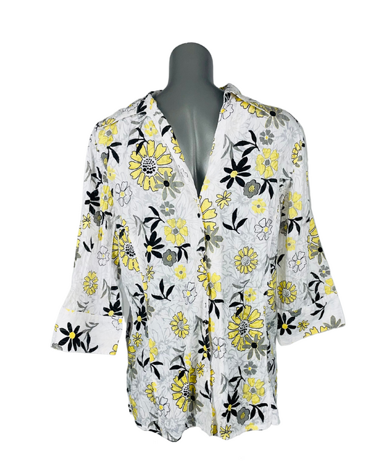 WHITE AND YELLOW FLOWER PATTERN BLOUSE XL