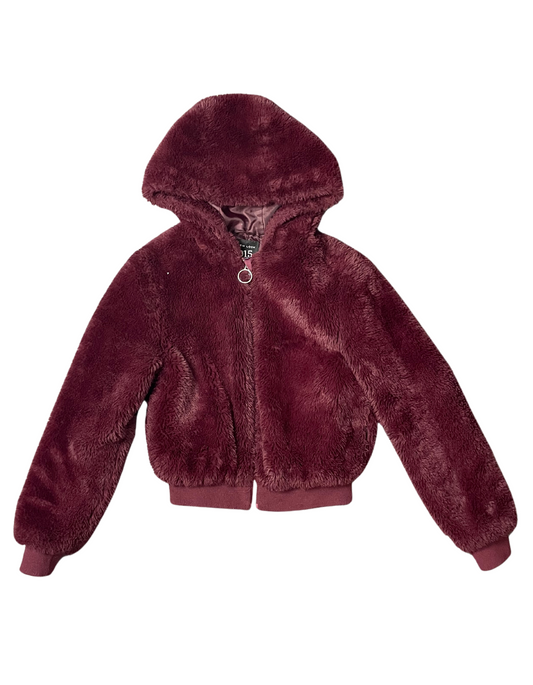 BURGUNDY HOODED FLUFFY COAT XS