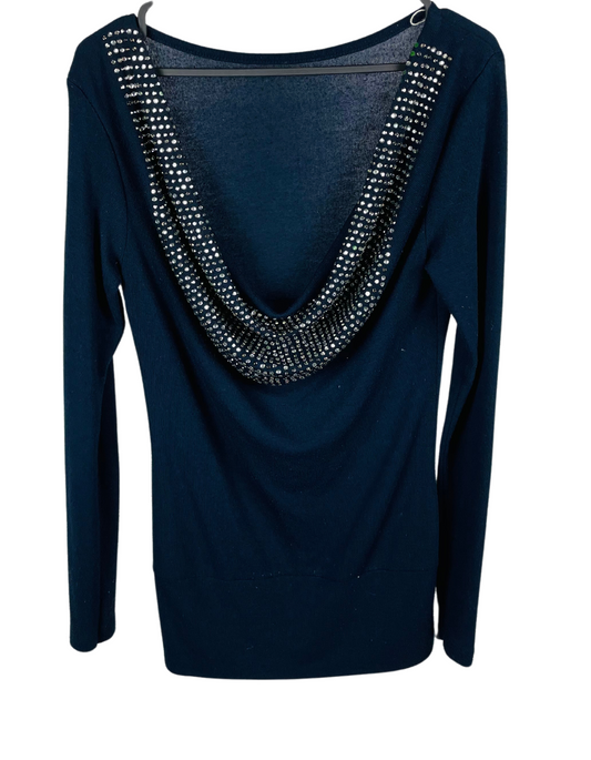 BLUE SEQUIN SCOOP NECK KNITTED TOP MEDIUM