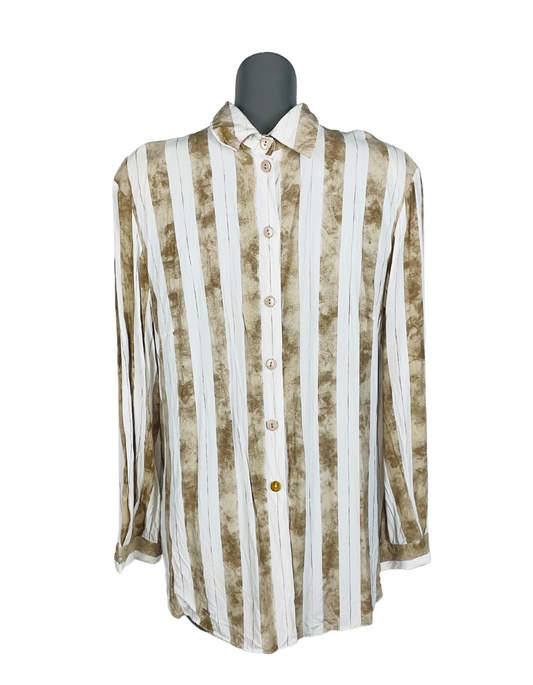 WHITE AND BEIGE STRIPE LONG SLEEVE BLOUSE LARGE