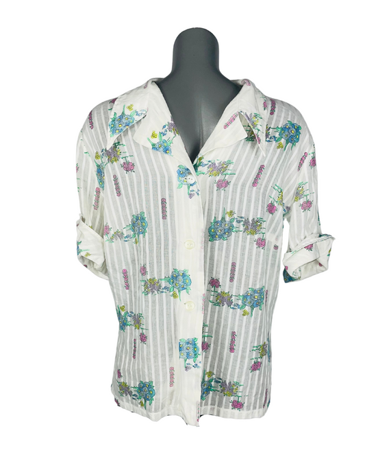 WHITE STRIPE FLOWER PRINT BLOUSE XL