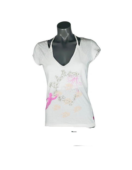 WHITE PINEAPPLE T-SHIRT WITH HALTER NECK SIZE 8
