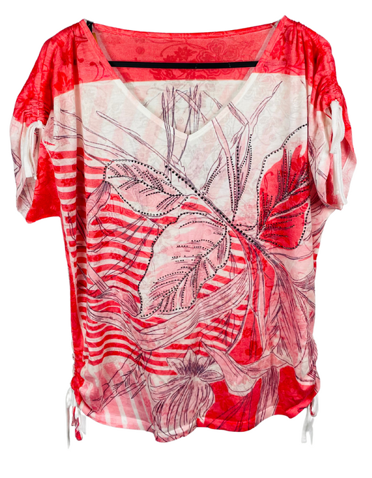 PINK WHITE RUCHED SIDE T-SHIRT SIZE 12