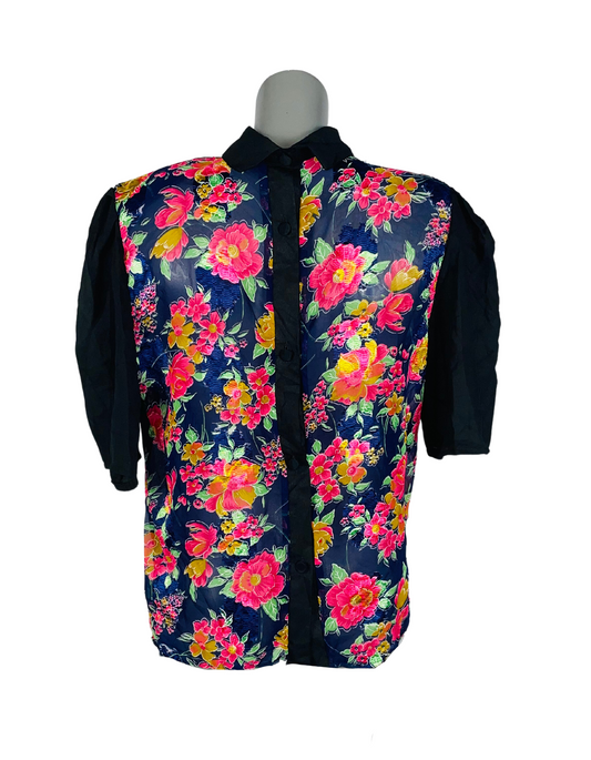 BLACK FLOWER PRINT BLOUSE XL