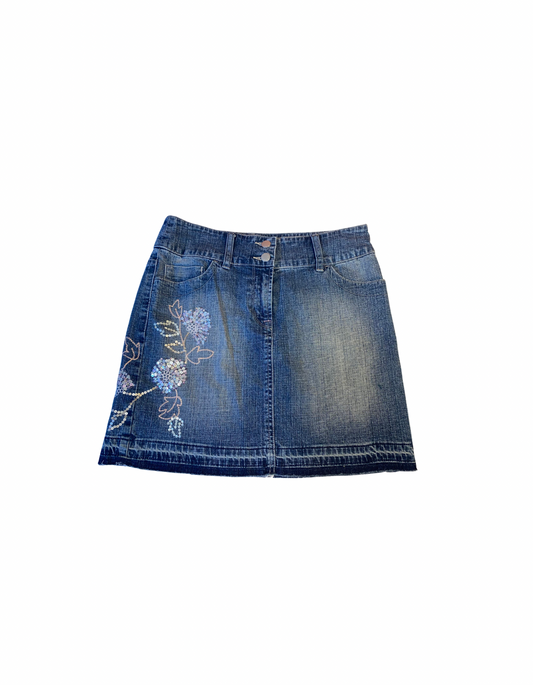BLUE NEXT FLOWER PATTERN DENIM SKIRT SIZE 10