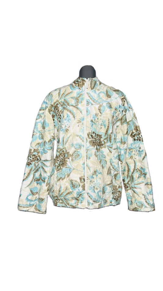 CRAZY FLEECE BY ALFRED DUNNER SIZE M WHITE, BEIGE AND LIGHT BLUE FLOWER DESIGN