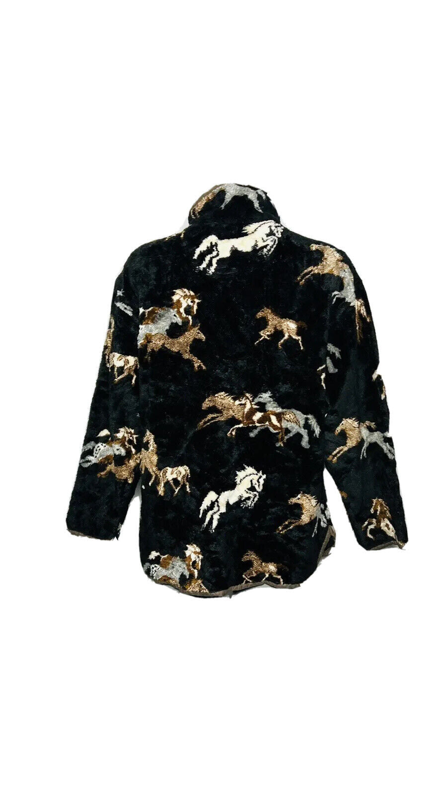 CRAZY FLEECE BY TSUNAMI SIZE L BLACK BUTTON UP WITH BROWN HORSES PRINT