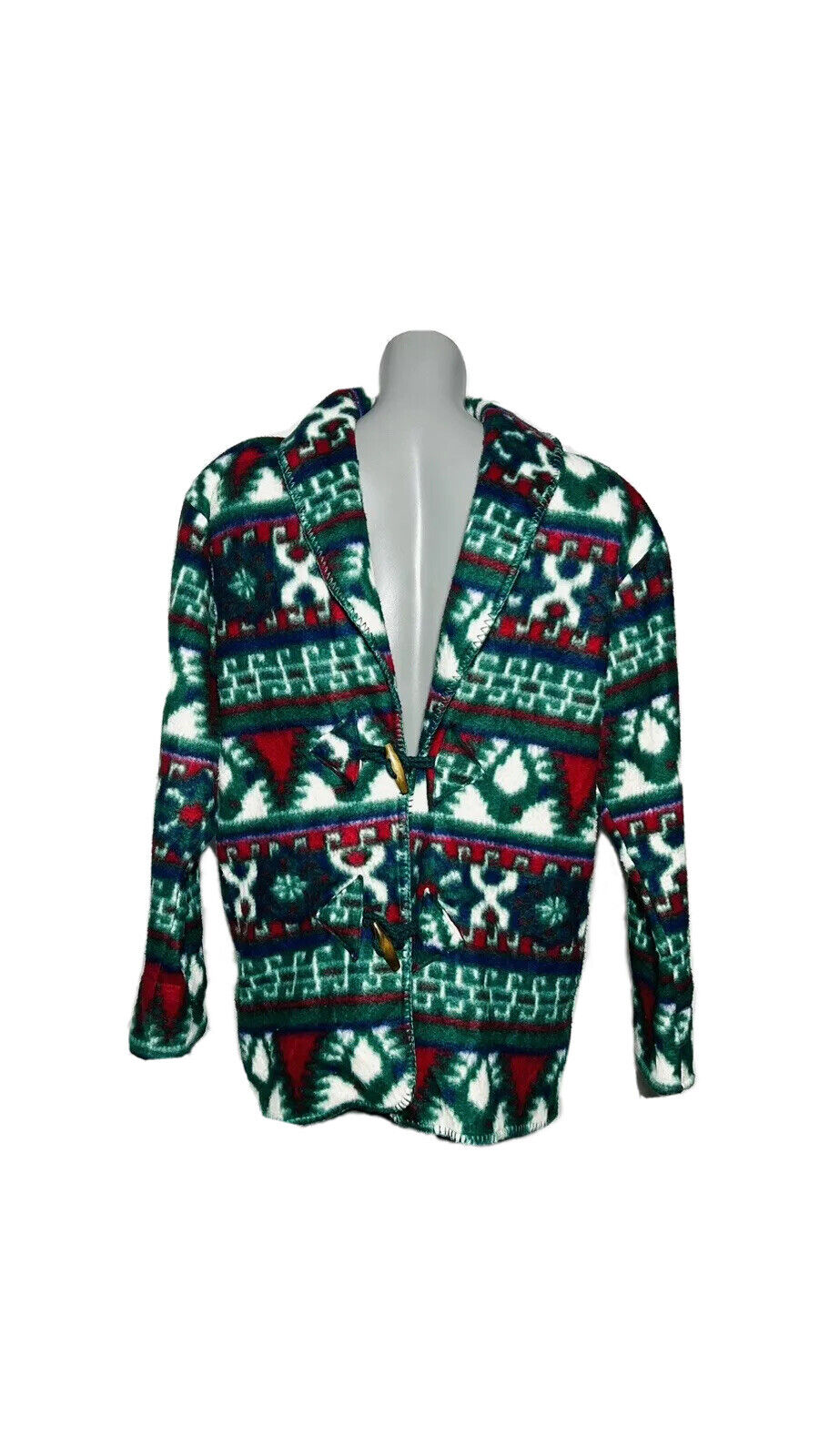 CRAZY FLEECE BY BAY AREA TRADERS SIZE L WITH GREEN, RED, BLUE AND WHITE PATTERNS