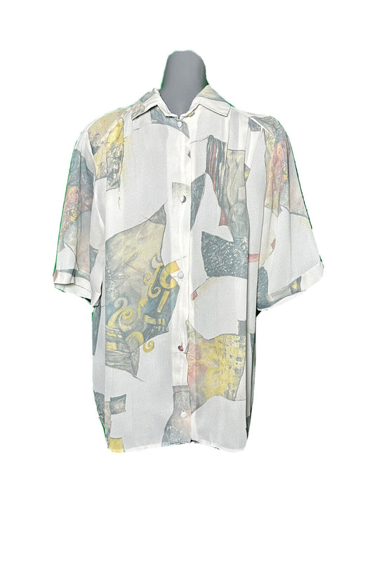 ABSTRACT GRAPHIC PRINT SHEER WHITE VINTAGE BLOUSE SHIRT SIZE 22