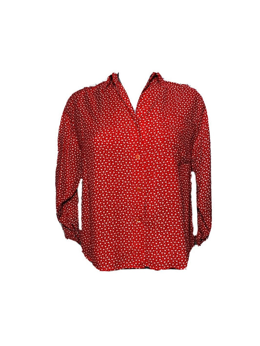 RED FLORAL PATTERN PRINT VINTAGE WOMANS BLOUSE MEDIUM