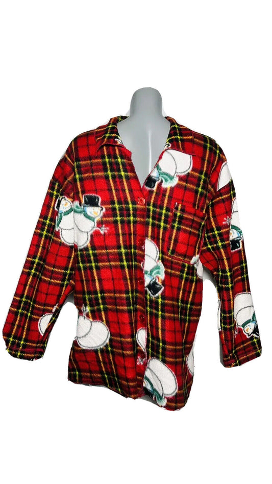 CRAZY FLEECE BY EW SIZE XL RED BUTTON UP WITH SNOWMEN