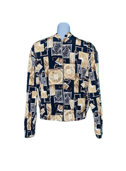 KENSINGTON SQUARE ELEGANT PRINT BLACK AND GOLD VINTAGE SHELL JACKET SIZE S