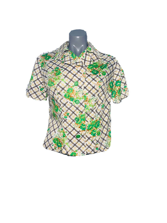 CLASSIC CHECK PATTERN FLORAL  DETAIL VINTAGE WOMANS BLOUSE UK 8