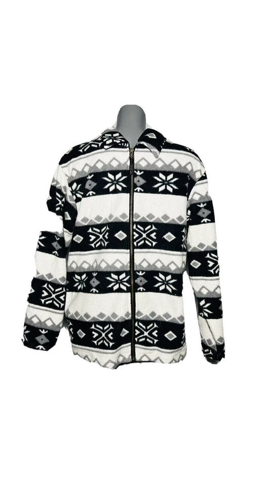 CRAZY FLEECE BY KATHERINE BISHOP SIZE M BLACK AND WHITE SNOWFLAKE PRINT